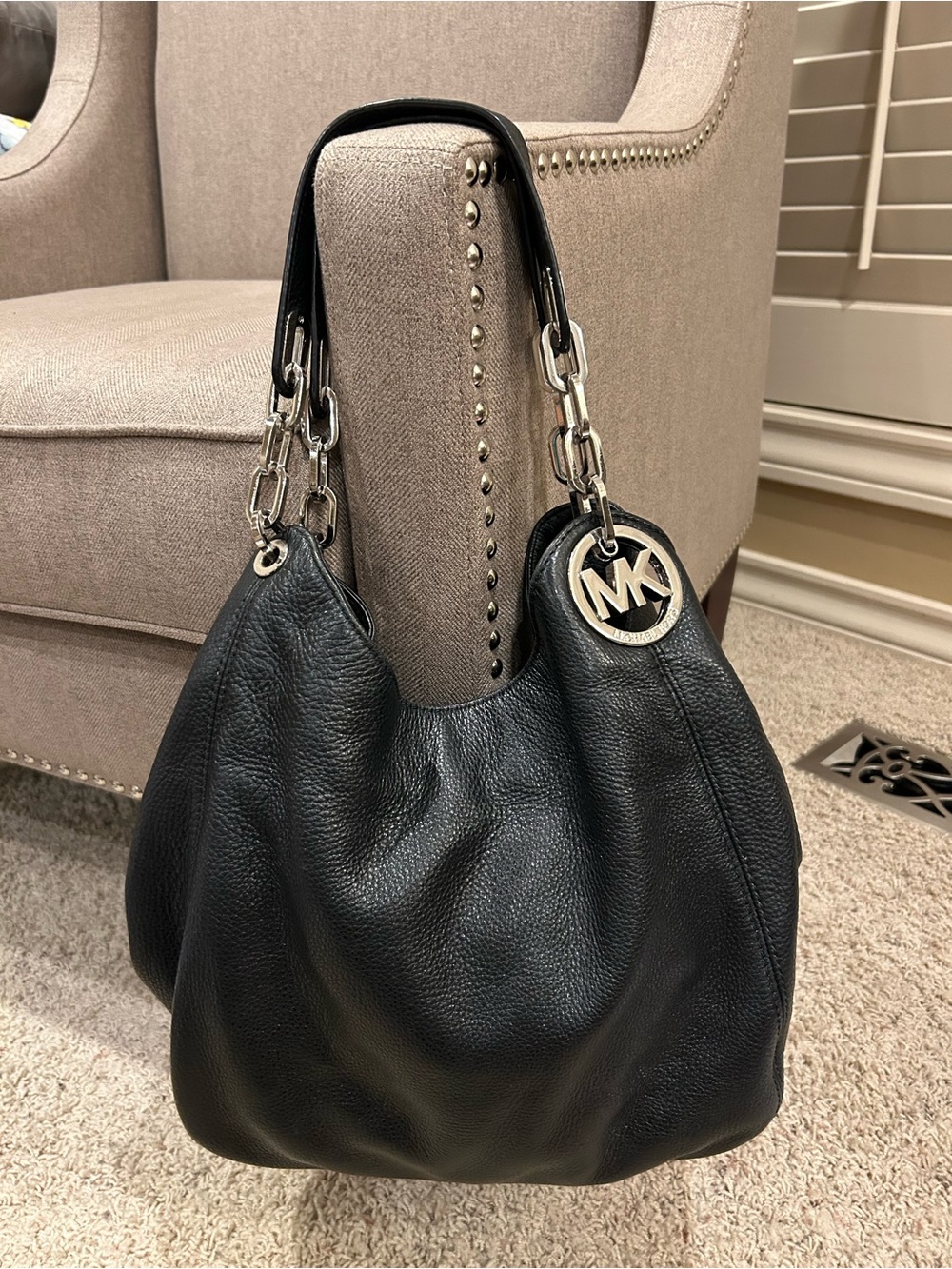 Michael Kors Black Pebbled Leather Shoulder Hobo with Chain Strap - Picture 2 of 6